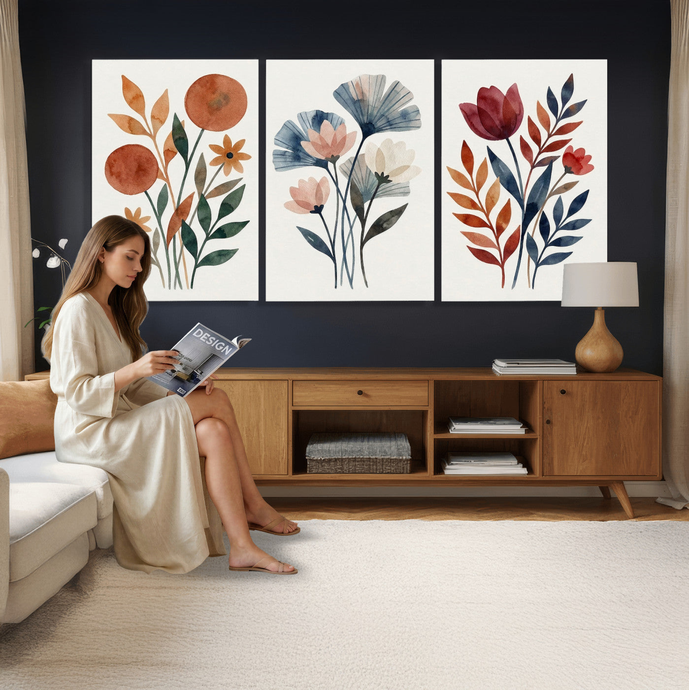 Watercolor Botanical Canvas Wall Art Set, Navy Terracotta