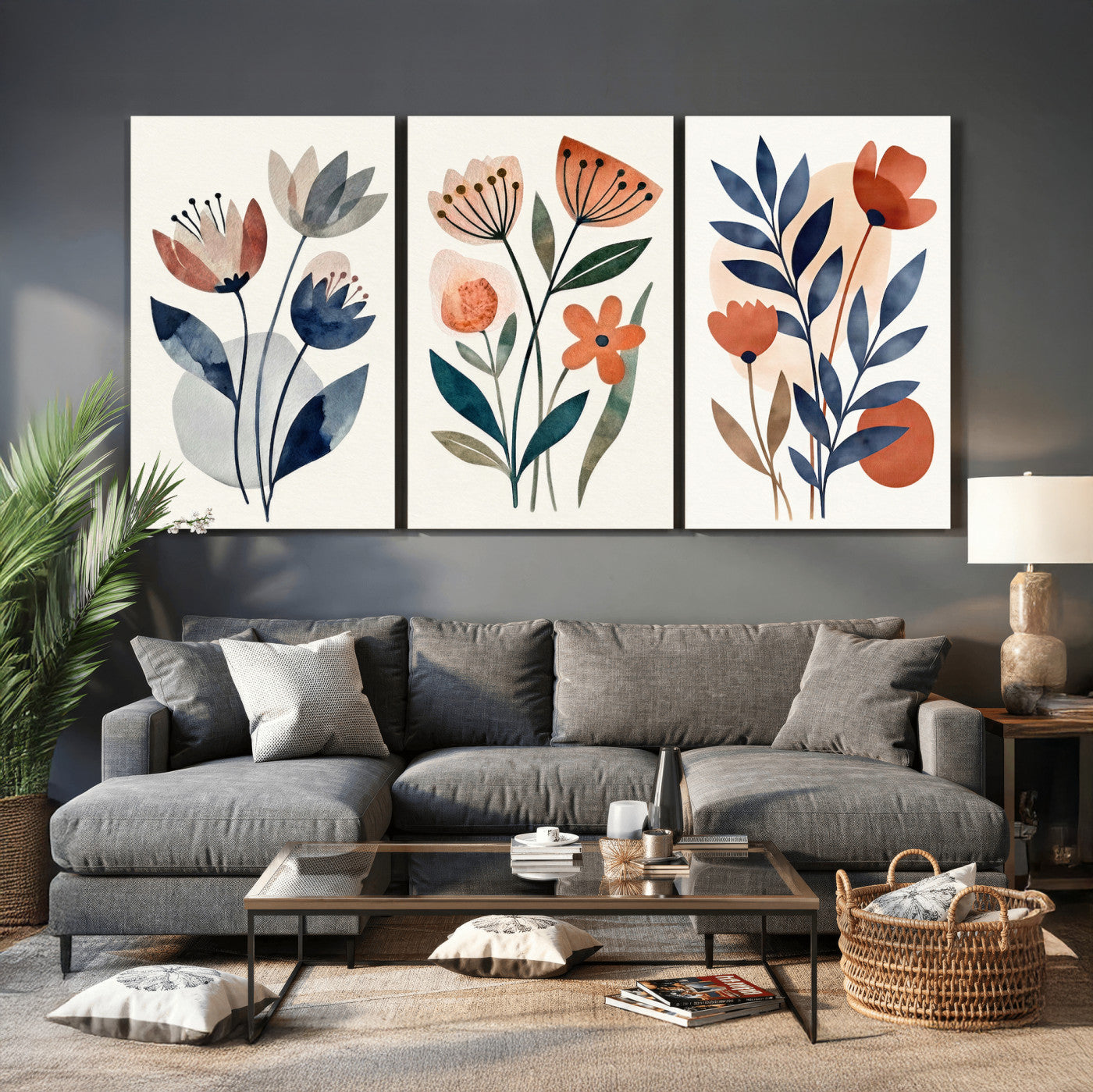 Watercolor Botanical Canvas Wall Art Set, Navy Terracotta