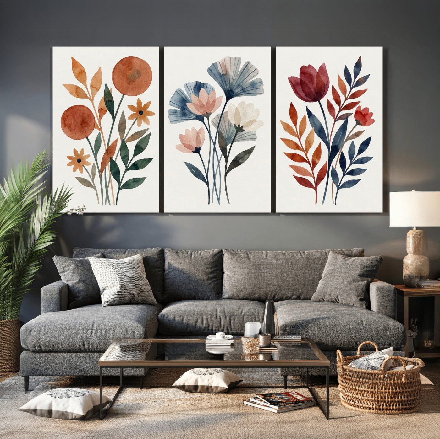 Watercolor Botanical Canvas Wall Art Set, Navy Terracotta