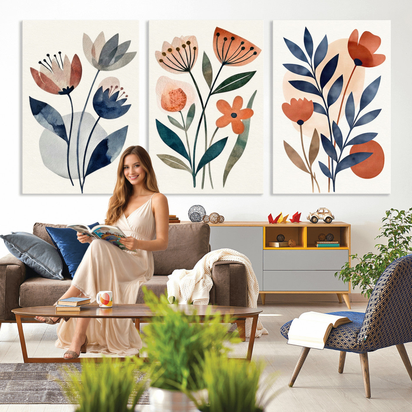 Watercolor Botanical Canvas Wall Art Set, Navy Terracotta