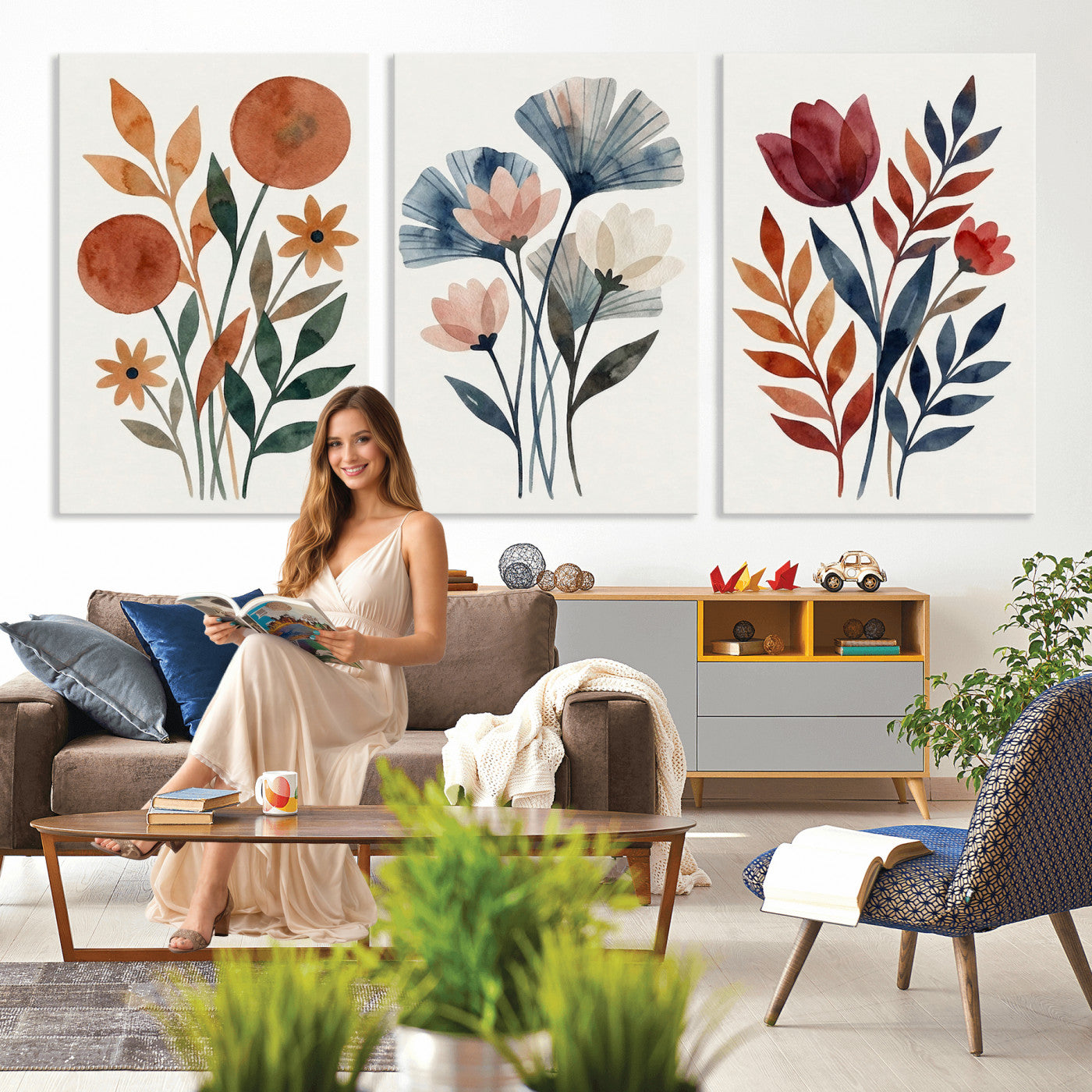 Watercolor Botanical Canvas Wall Art Set, Navy Terracotta