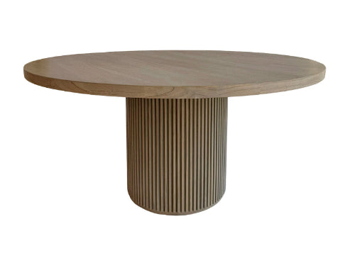 Round wooden table with a ribbed cylindrical base on a white background