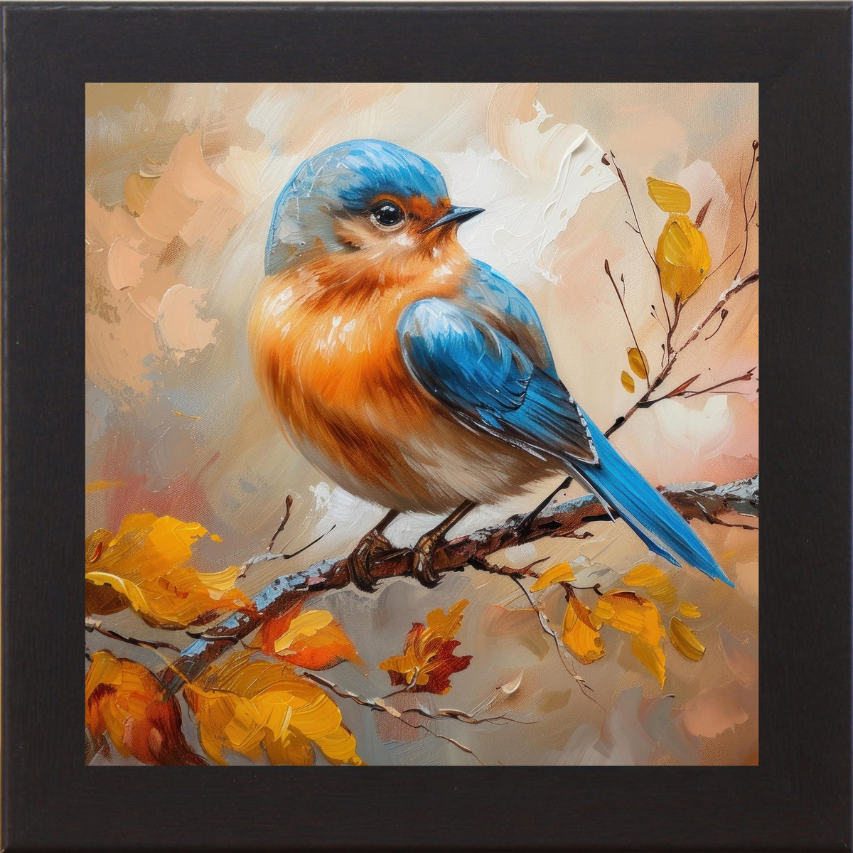 Bluebird Wall Art – Oil Painted Autumn Bird on Branch No Words Fall Nature Decor (NS27)