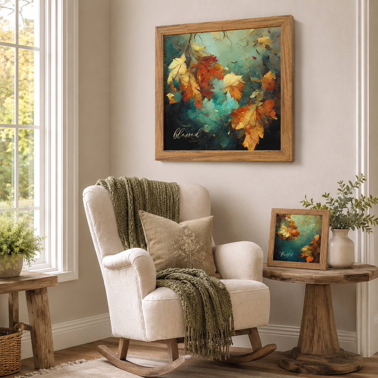 Blessed Fall Wall Art – Teal Watercolor Autumn Leaves Square Farmhouse Decor (SB305)