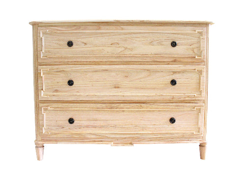 Wooden dresser with four drawers on a white background