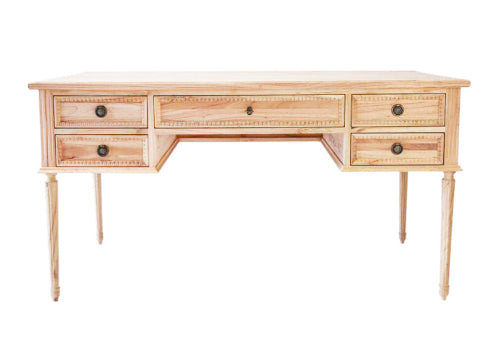 Wooden desk with multiple drawers on a white background