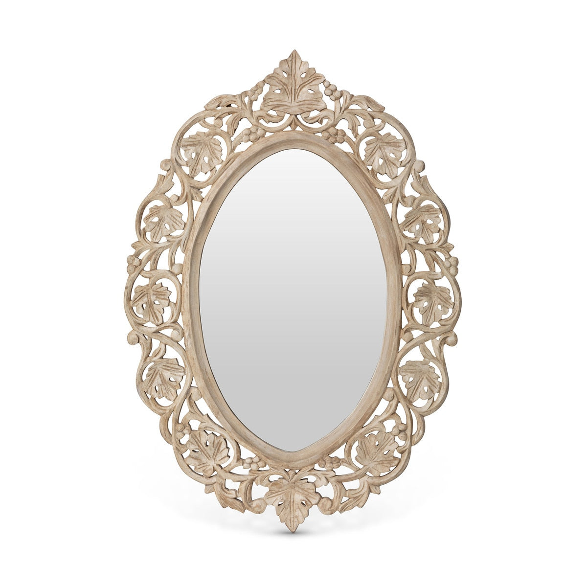 Vichy Hand Carved Wood Mirror | Distressed White Vintage Wall Accent