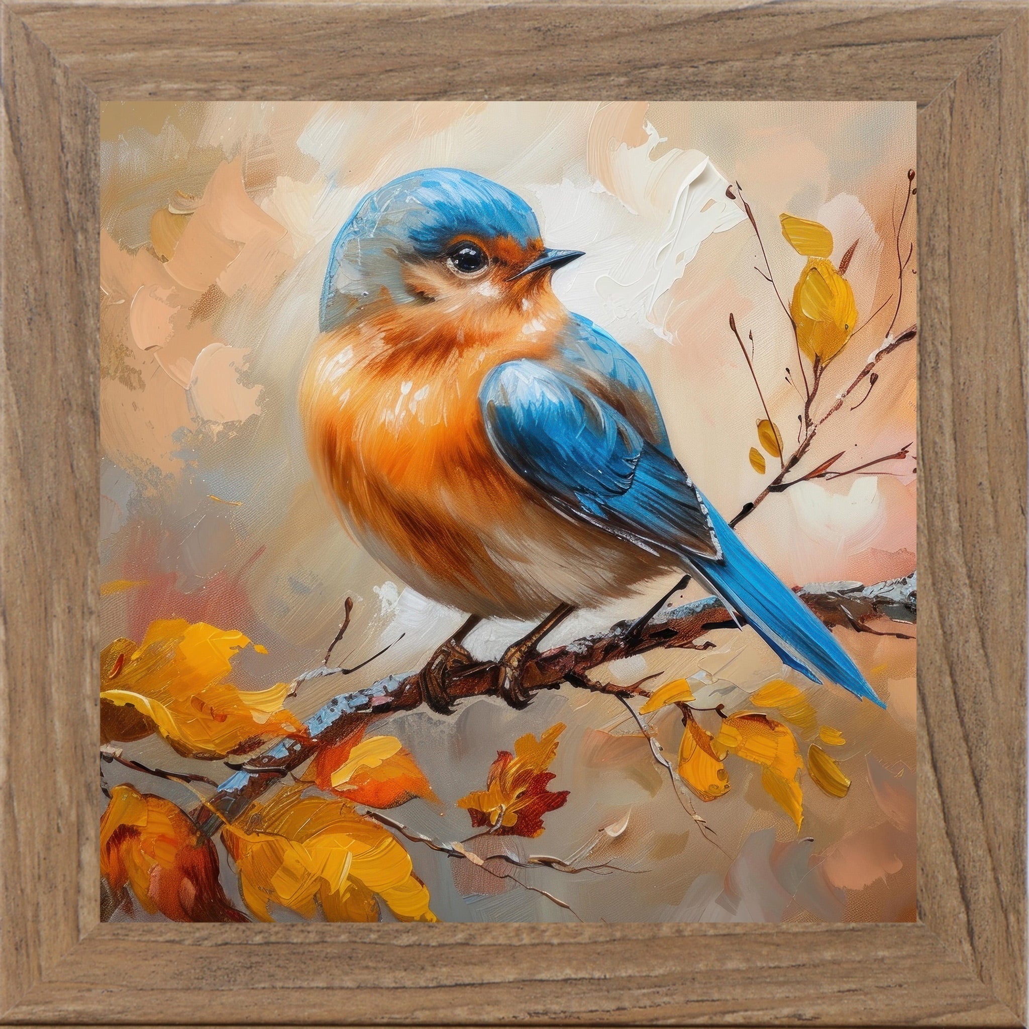 Bluebird Wall Art – Oil Painted Autumn Bird on Branch No Words Fall Nature Decor (NS27)