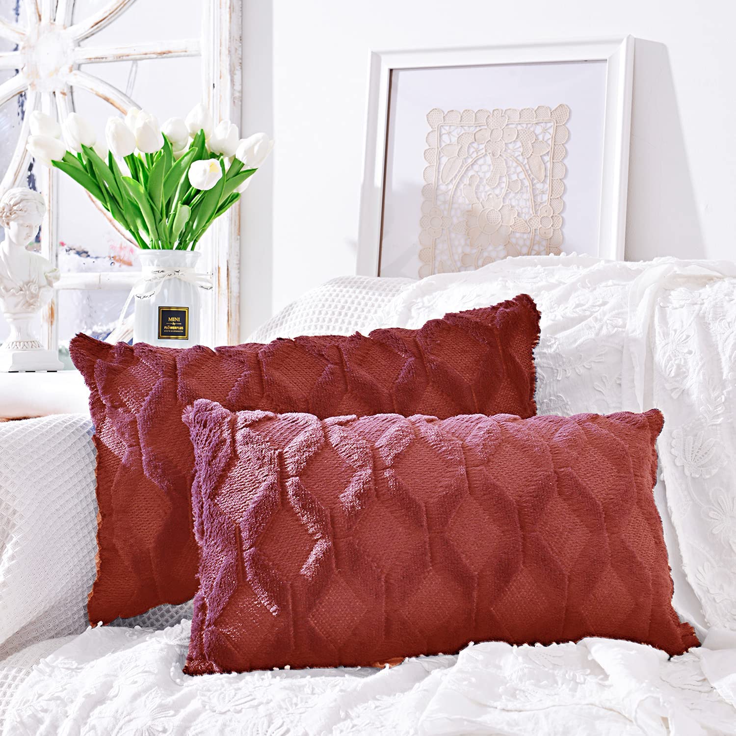 Rectangular Lumbar Plush Throw Pillow Covers, Pack of 2 Luxury Soft Pillowcases, Solid Colors,12x20 inches pack of 2 throw pillows covers