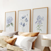 Watercolor Blue Flowers.Wall Art Set of 3 Piece