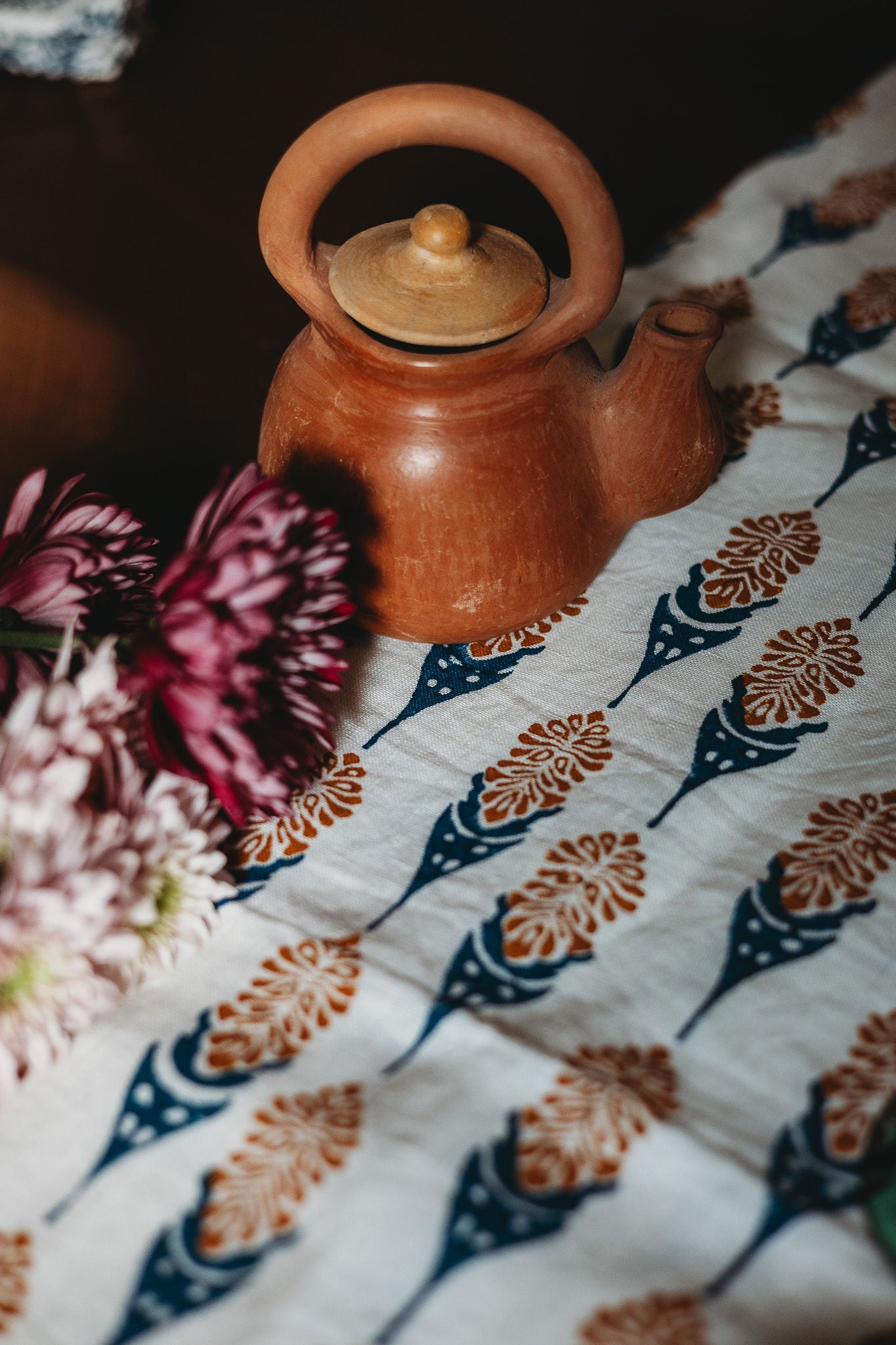 Bahaar Hand Printed Table Runner - Ginger & Blue