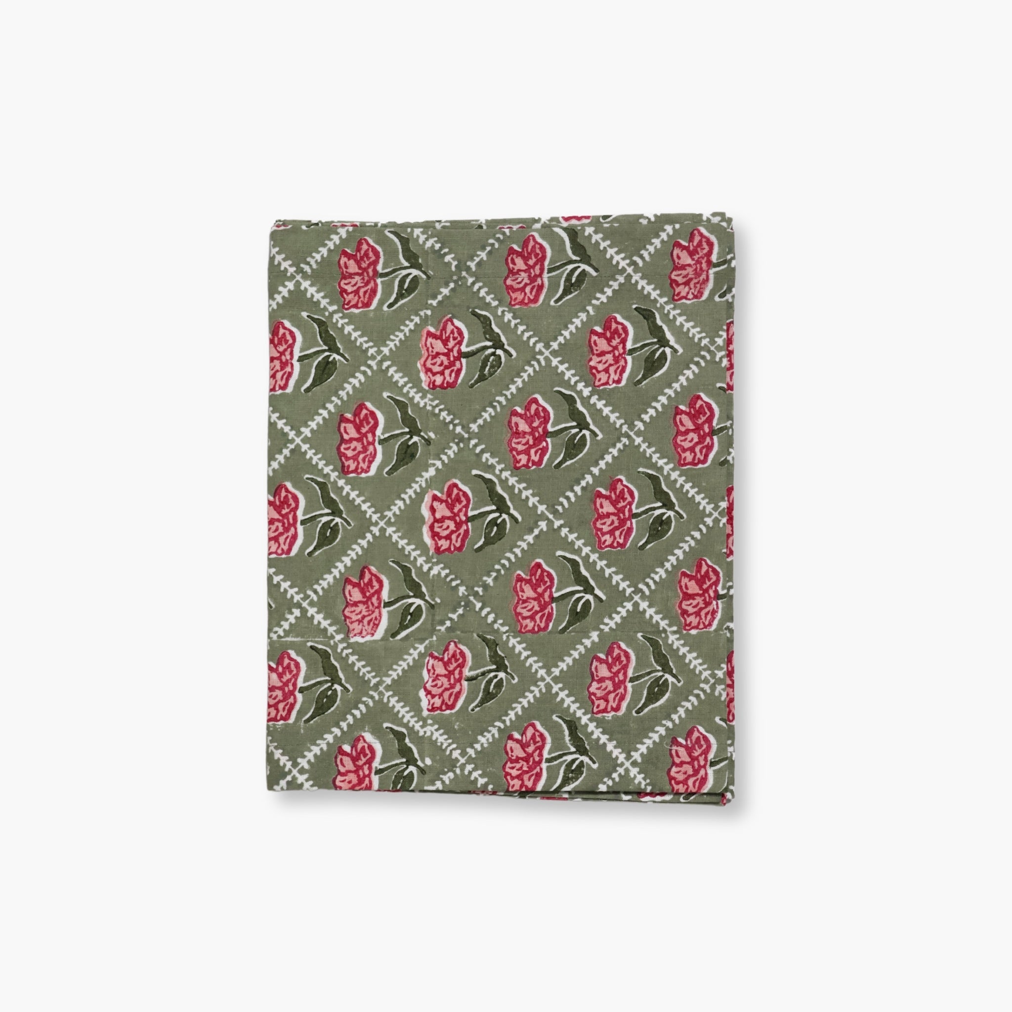 Noor - Pure Linen Handprinted Table Runner - Olive & Pink