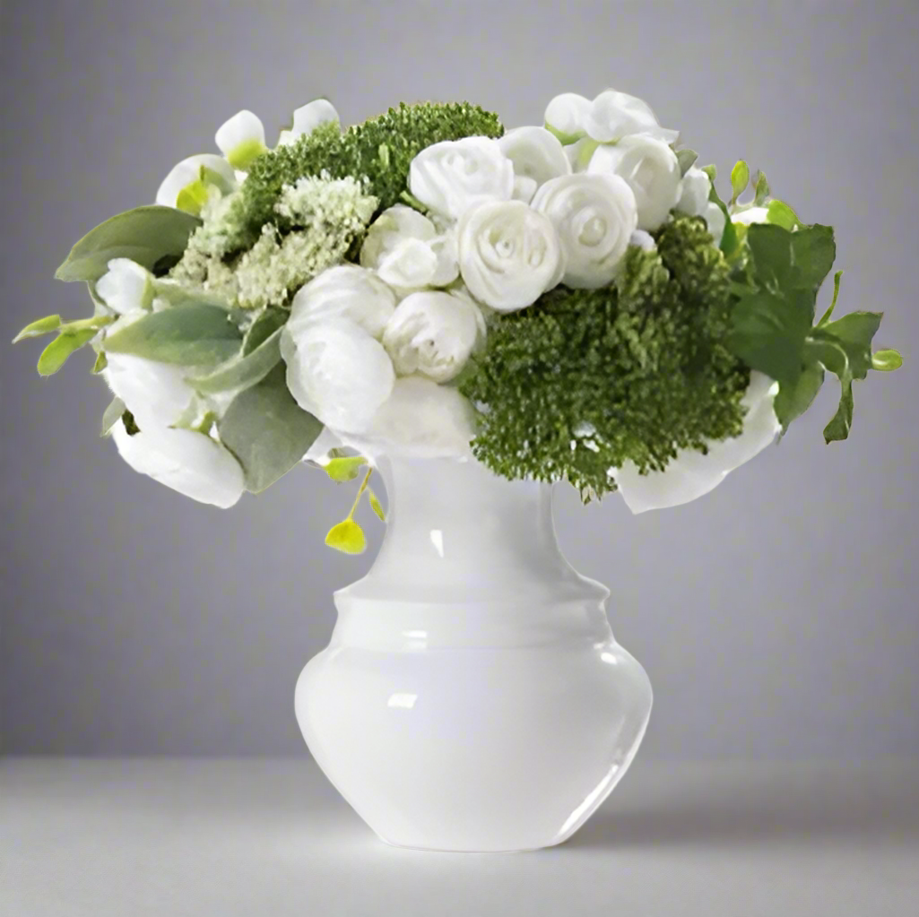 Elegant White Ranunculus & Queen Anne Lace Floral Arrangement in Ceramic Vase