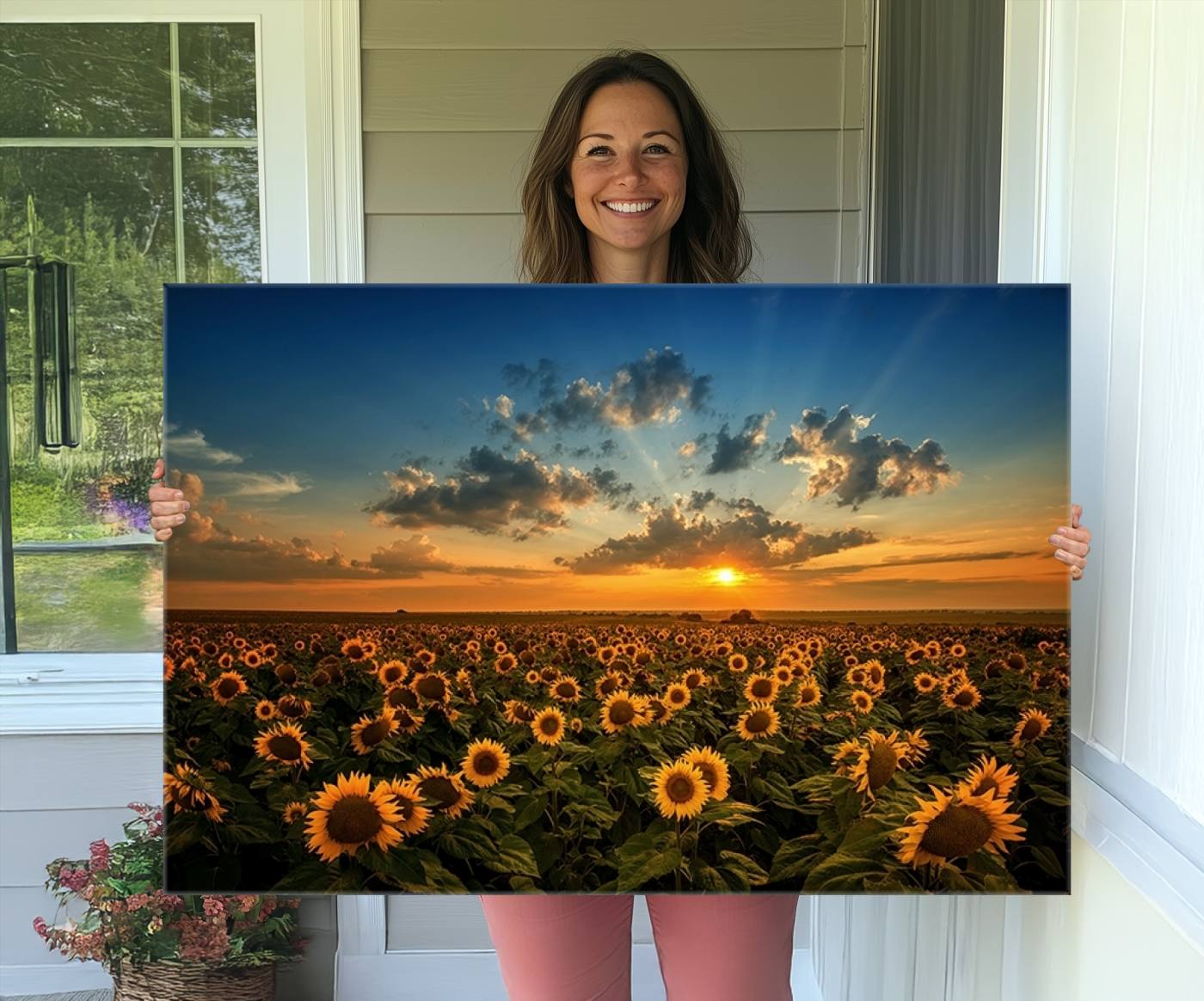 Sunflower Field Sunset Wall Art Canvas Print Wall Artwork,