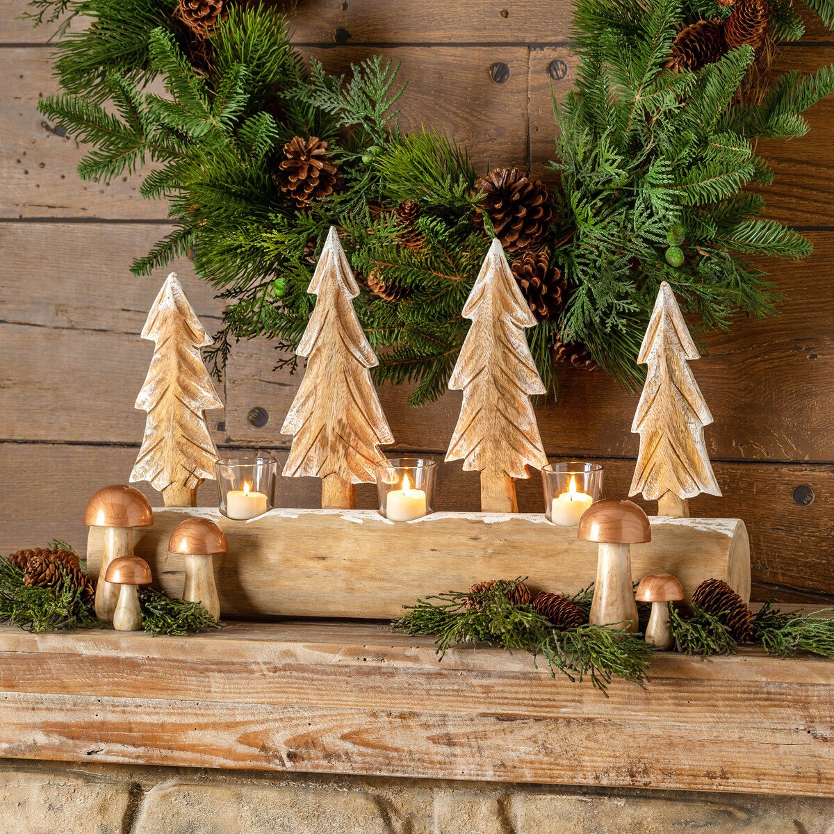 Carved Wood Fir Forest Votive Holder | Gold & Whitewash Décor