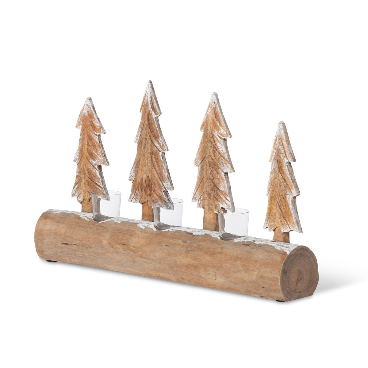 Carved Wood Fir Forest Votive Holder | Gold & Whitewash Décor