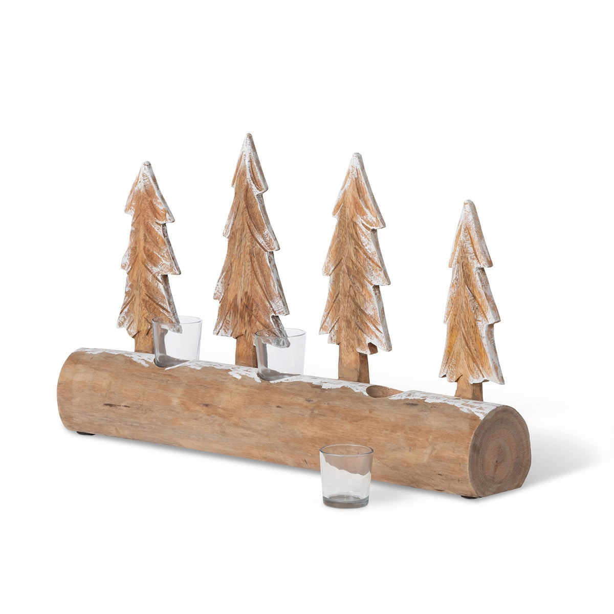 Carved Wood Fir Forest Votive Holder | Gold & Whitewash Décor