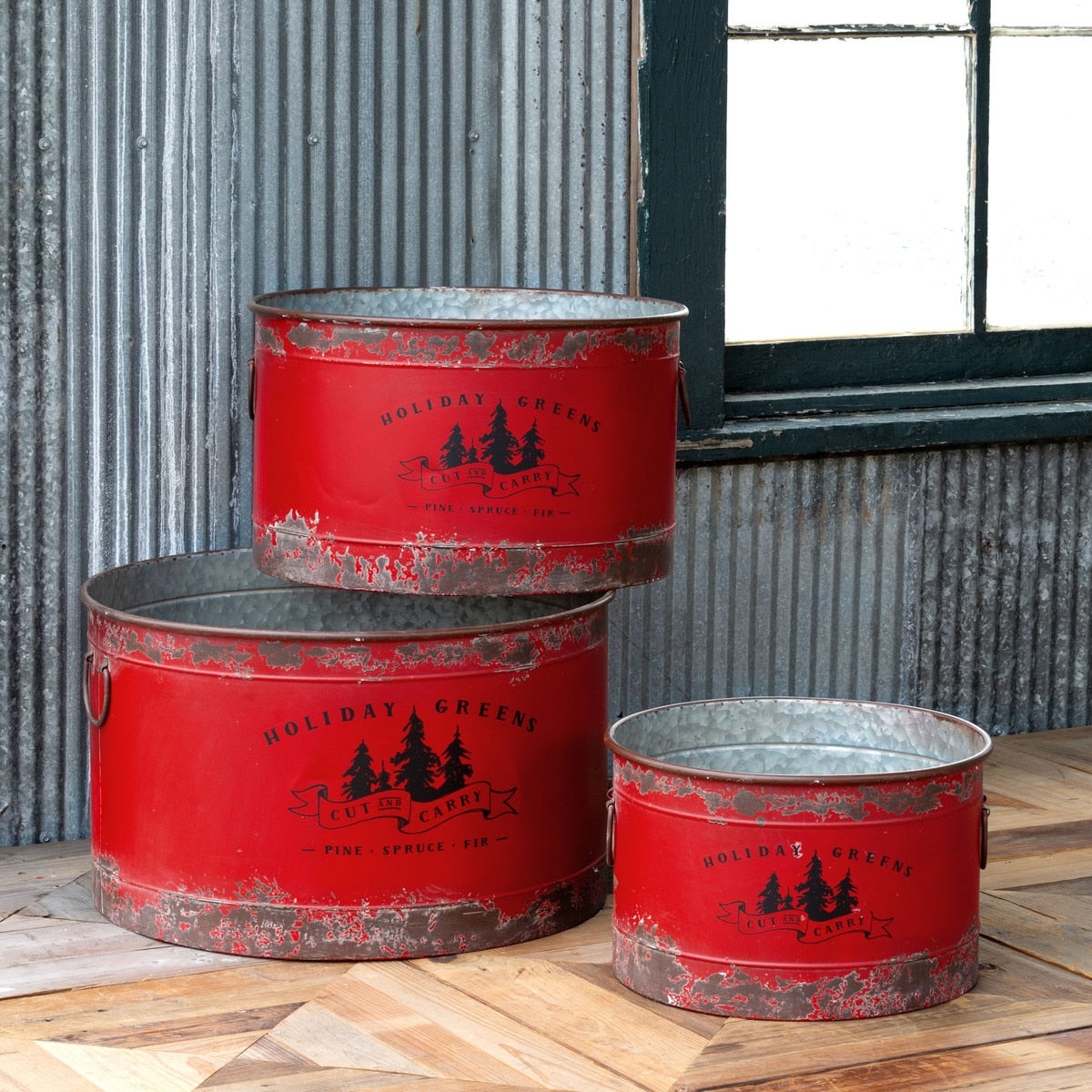 Antique Red Metal Tree Pots Set of 3 | Distressed Holiday Décor