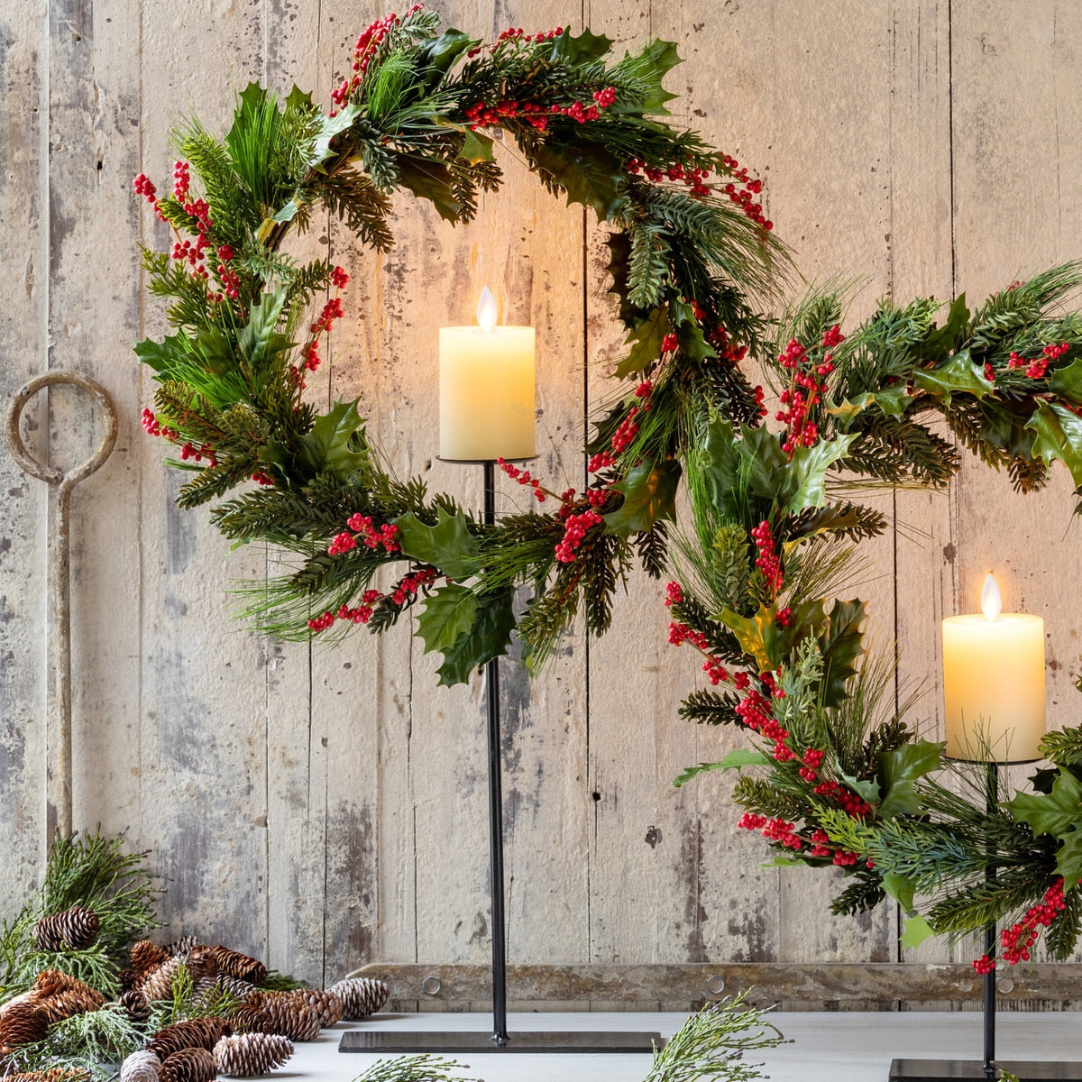 Pine and Holly Wreath on Candle Stand | Elegant Holiday Centerpiece