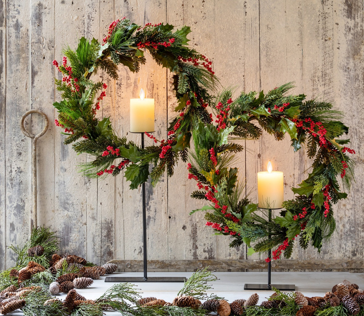 Pine and Holly Wreath on Candle Stand | Elegant Holiday Centerpiece