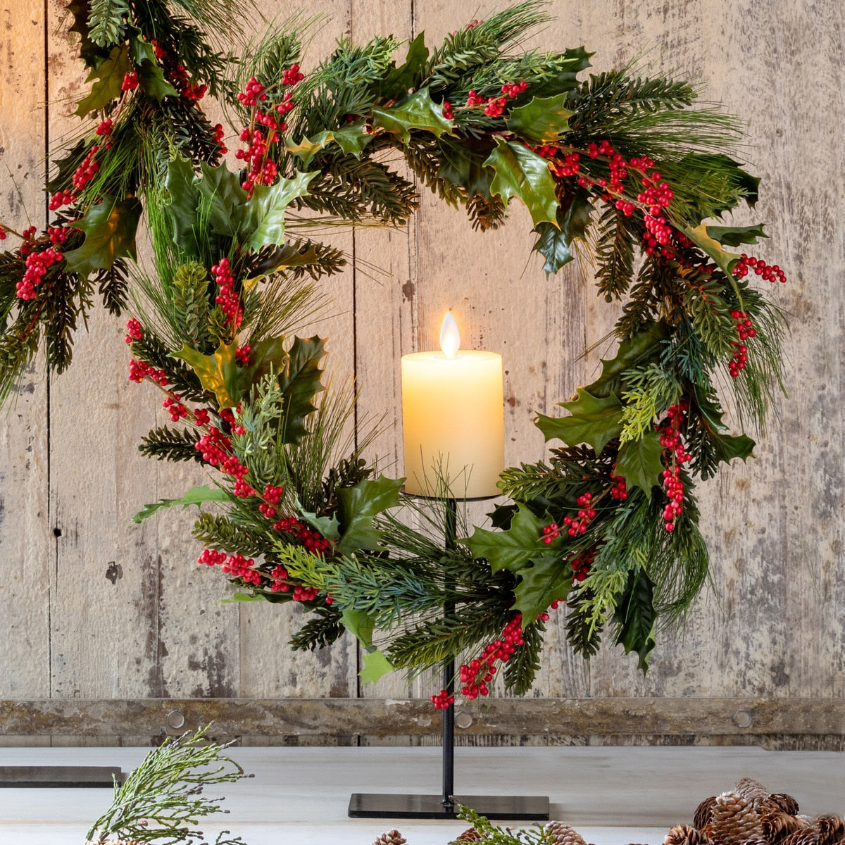 Pine and Holly Wreath on Candle Stand | Elegant Holiday Centerpiece