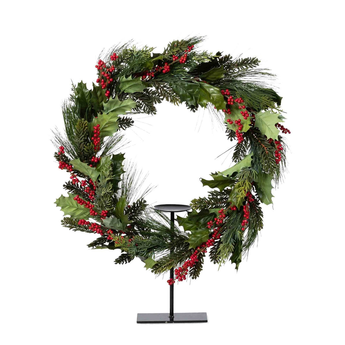 Pine and Holly Wreath on Candle Stand | Elegant Holiday Centerpiece