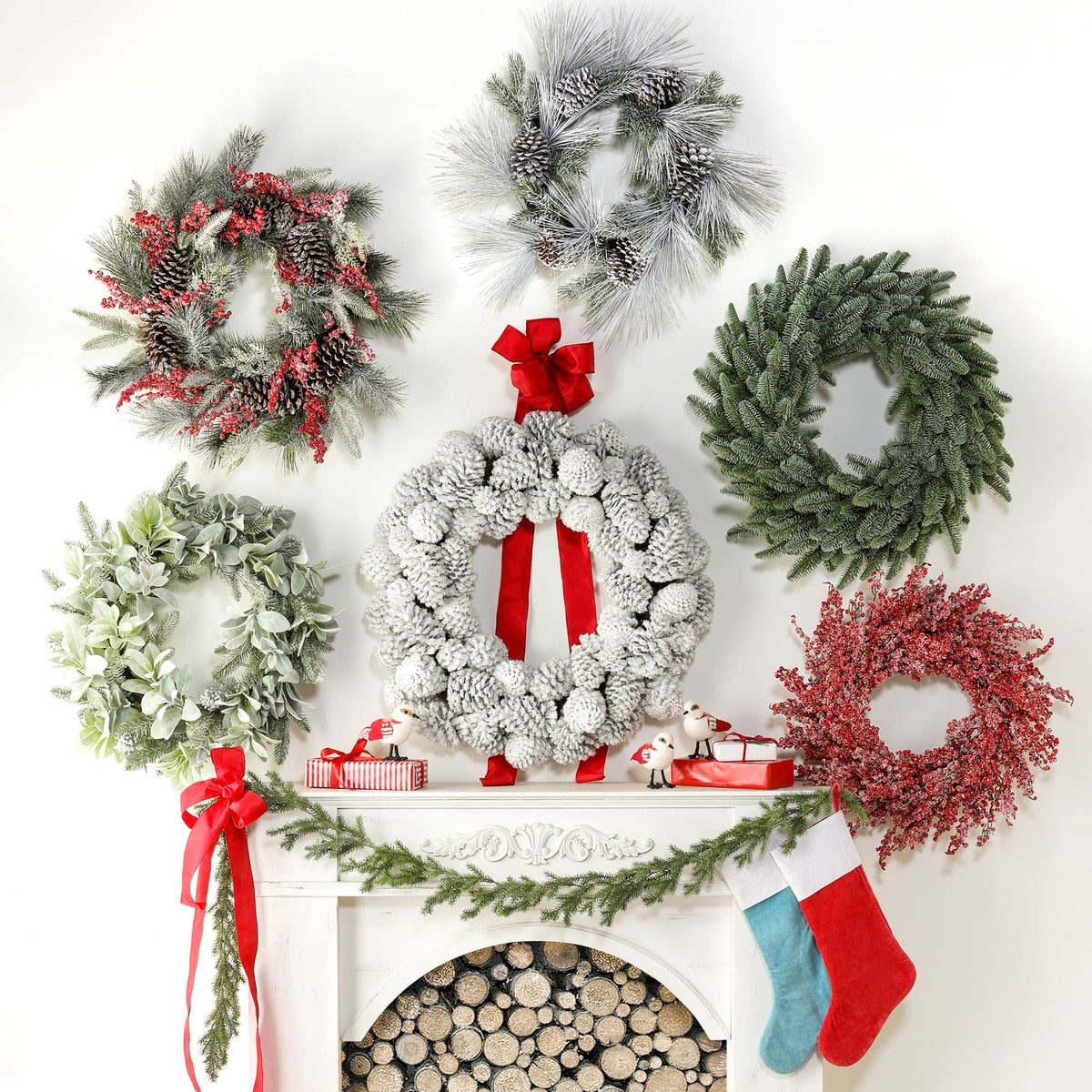 Frosted Mixed Evergreen Pine Cone and Berry Wreath Set of 2 | Rustic Holiday Wreath