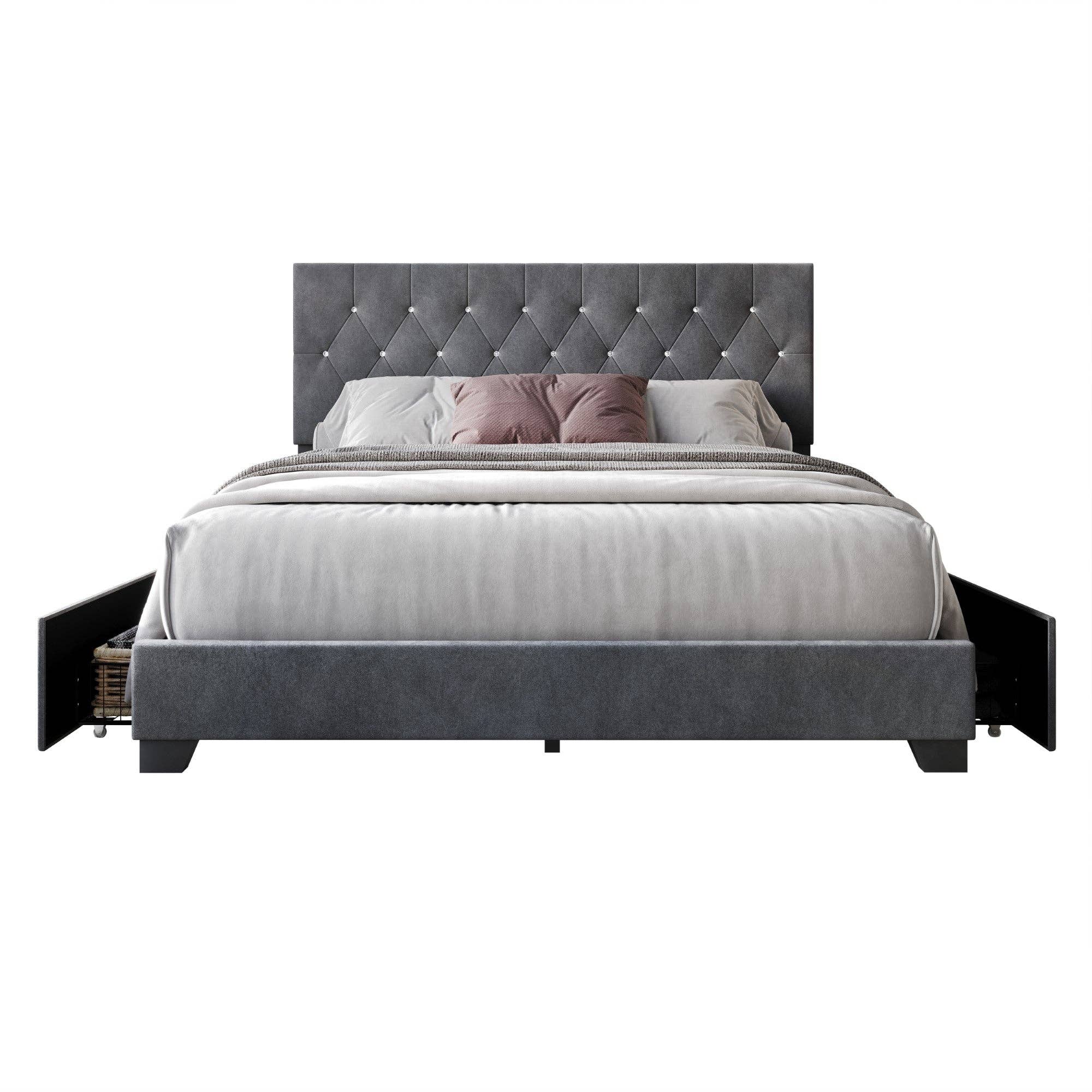 Sheffield Full Tufted Upholstered Storage Platform Bed Frame with Diamond Button-Tufted Headboard and Four Under-Drawers, Dark Gray, Easy Assembly: King / Black