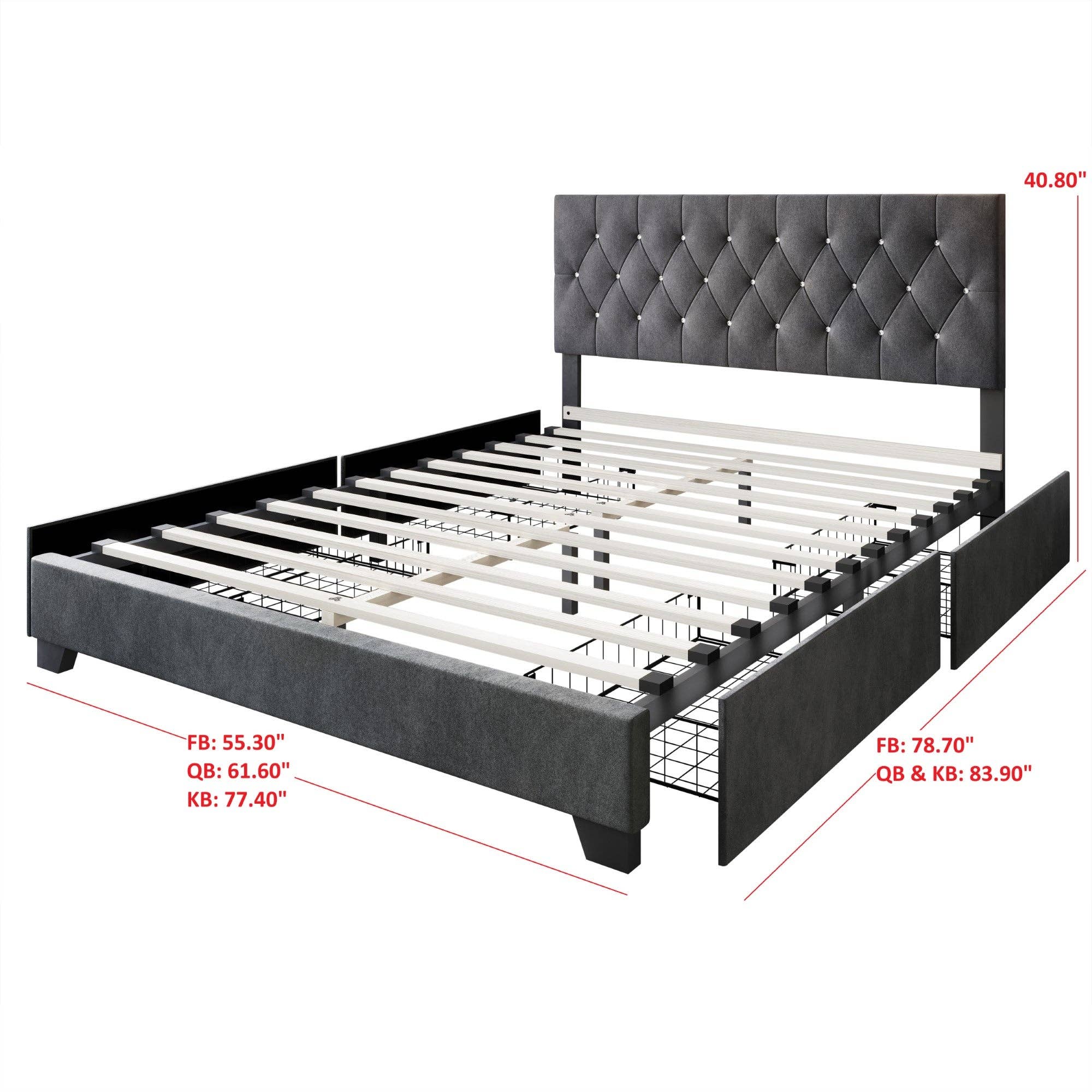Sheffield Full Tufted Upholstered Storage Platform Bed Frame with Diamond Button-Tufted Headboard and Four Under-Drawers, Dark Gray, Easy Assembly: King / Black