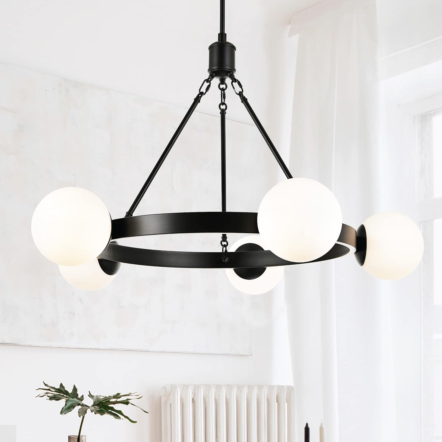 5 Light Black Globe Wagon Wheel Chandelier
