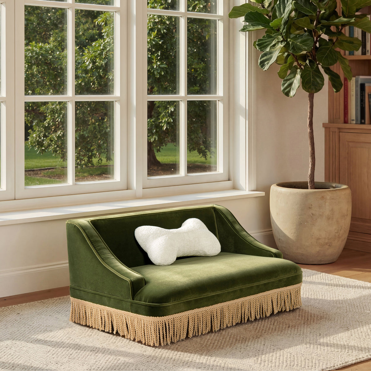 Duchess 33' Medium Princess Pet Bed Sofa with Fringe Skirt, Olive Green Velvet