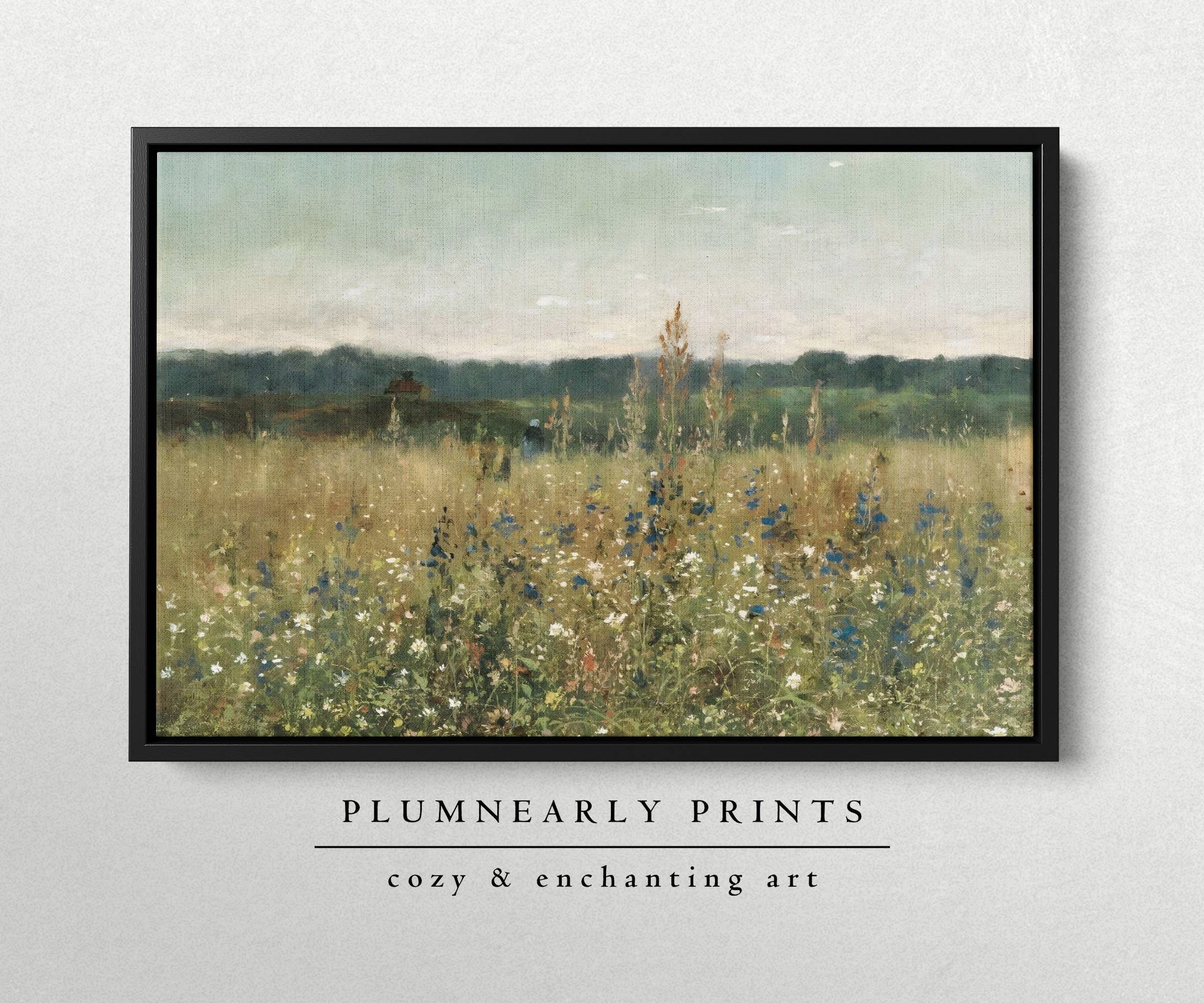 Wildflower Field Landscape Painting Framed Canvas Art 1: Walnut / 30 x 46 in