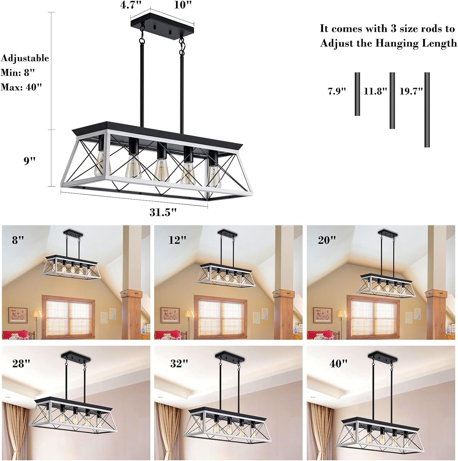 5-Light Farmhouse Pendant Linear Chandelier