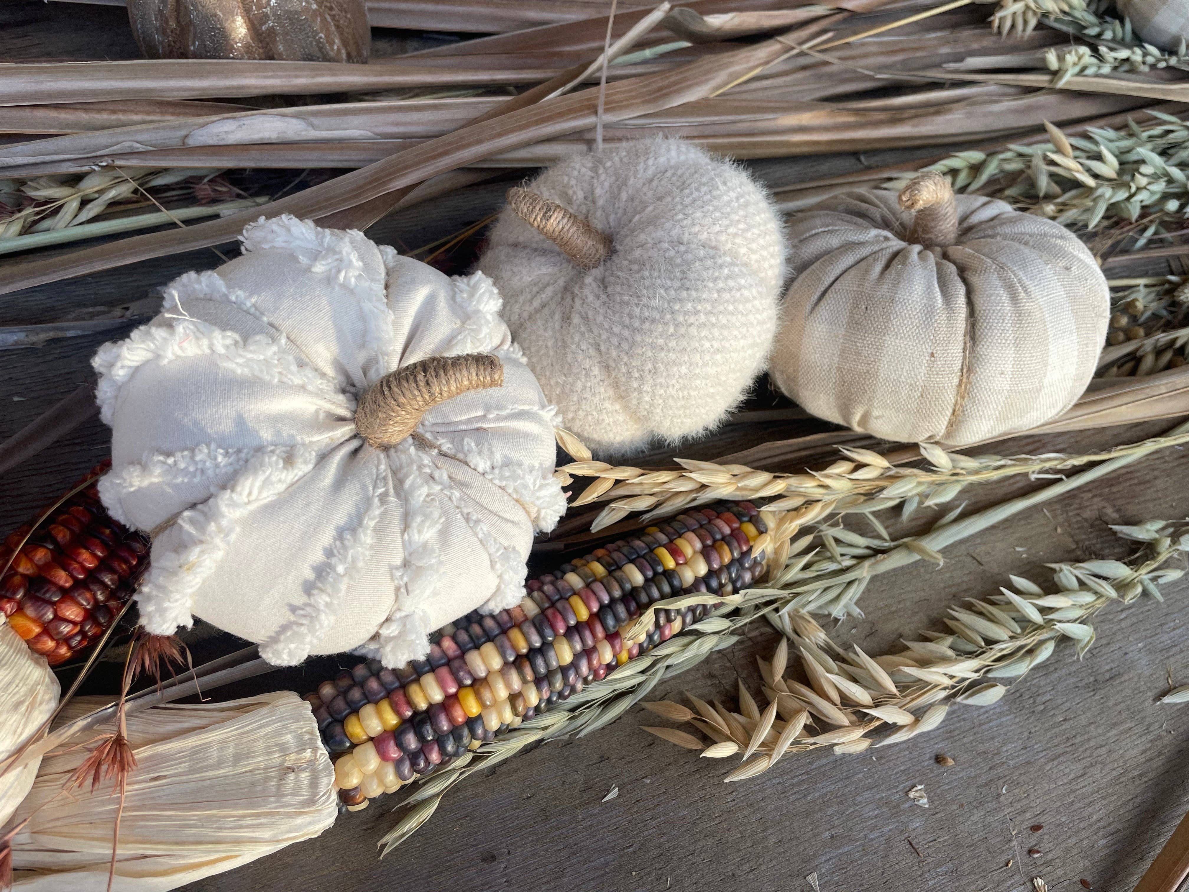 Sm. Cream Fuzzy Fall Fabric Pumpkin