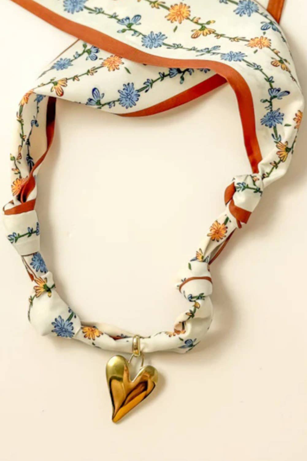 LDC Floral Print Scarf Knotted Gold Heart Charm Necklace: White