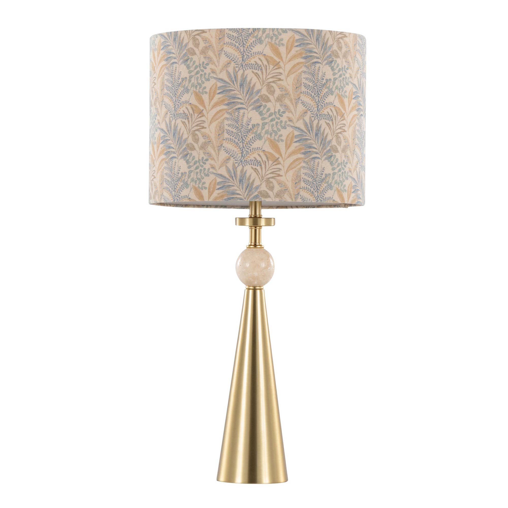 Cone Travertine 27" Table Lamp - In Gold Metal: Gold Metal, Travertine, Tan Leaf Shade