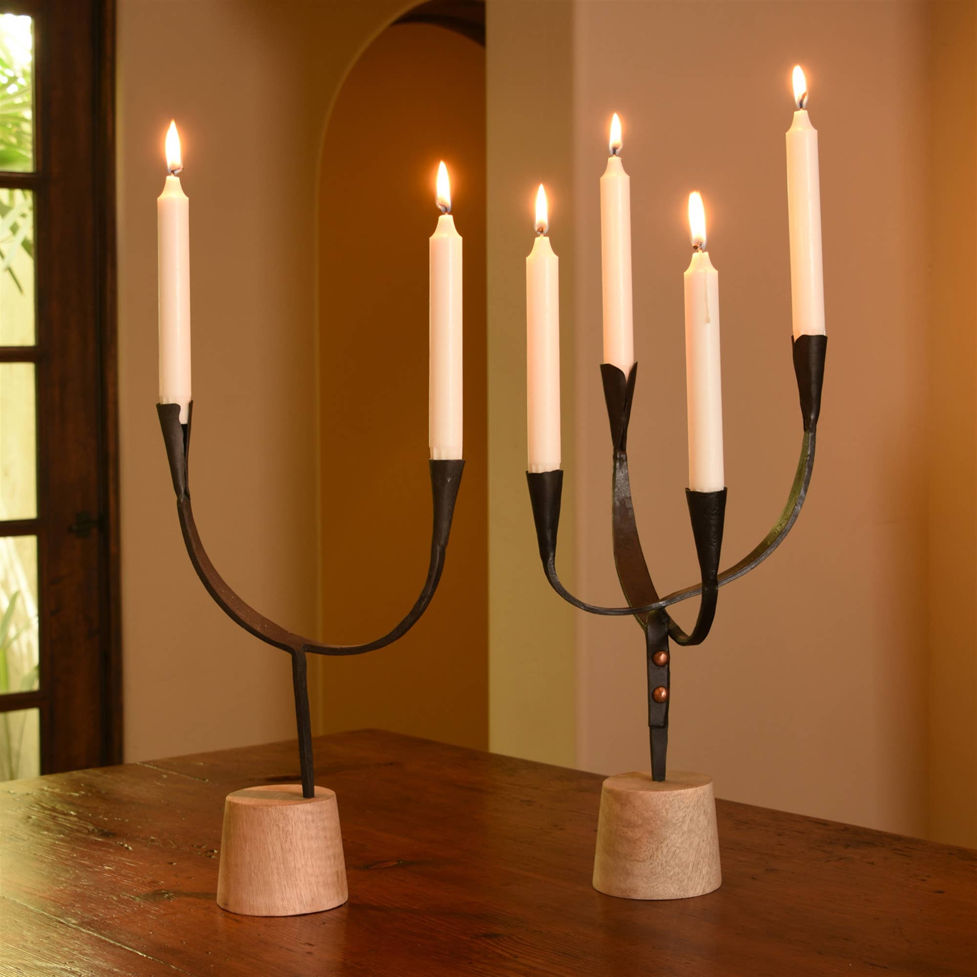 Cajon Double Arc Taper Holder, Iron & Wood - Black