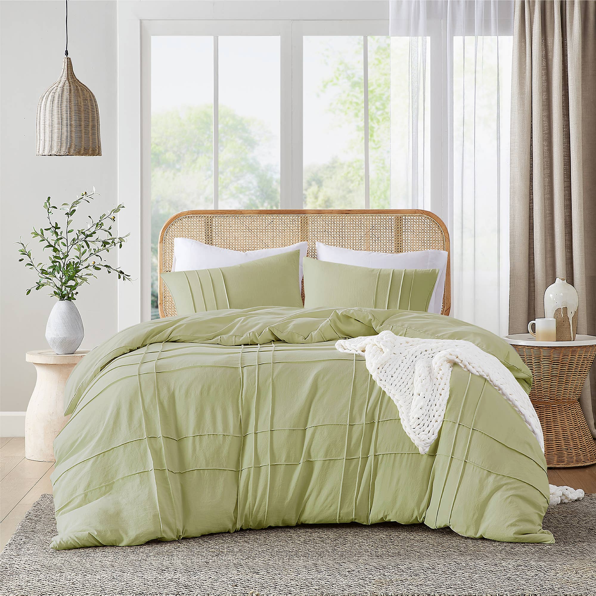 Grid Pattern Soft Washed Pleated Duvet Cover Set, Sage: King