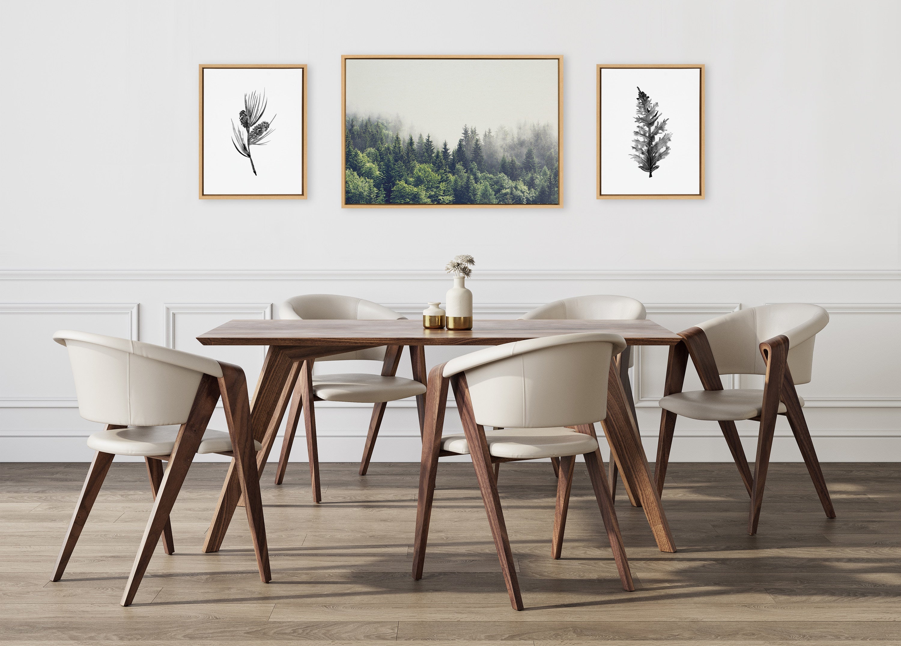 Sylvie Lush Green Forest on a Foggy Day and Vintage Botanical 3 and 4 Black and White Framed Canvas Art Set by Various Artists
