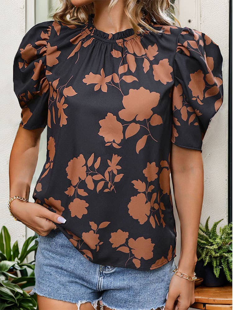PUFF SLEEVE PRINTED CREW NECK SHIRT TOP: Black / (L)