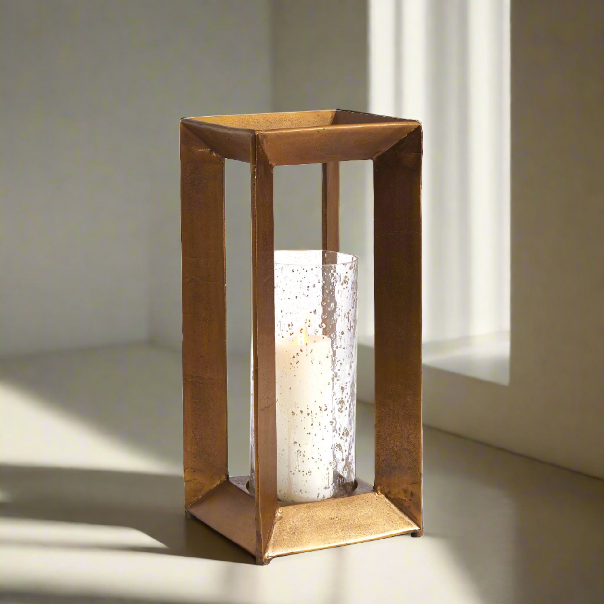 hurricane lantern with bubbled glass by a window