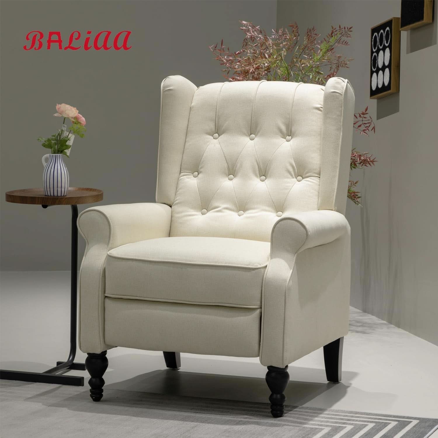 Beige Mid Century Wingback Recliner Chair With Upholstered Fabric