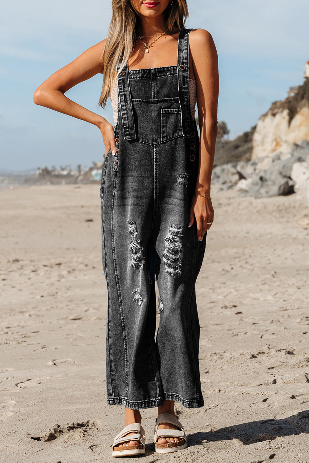 Distressed Bib Pocket Wide Leg Denim Overall: Stone Blue