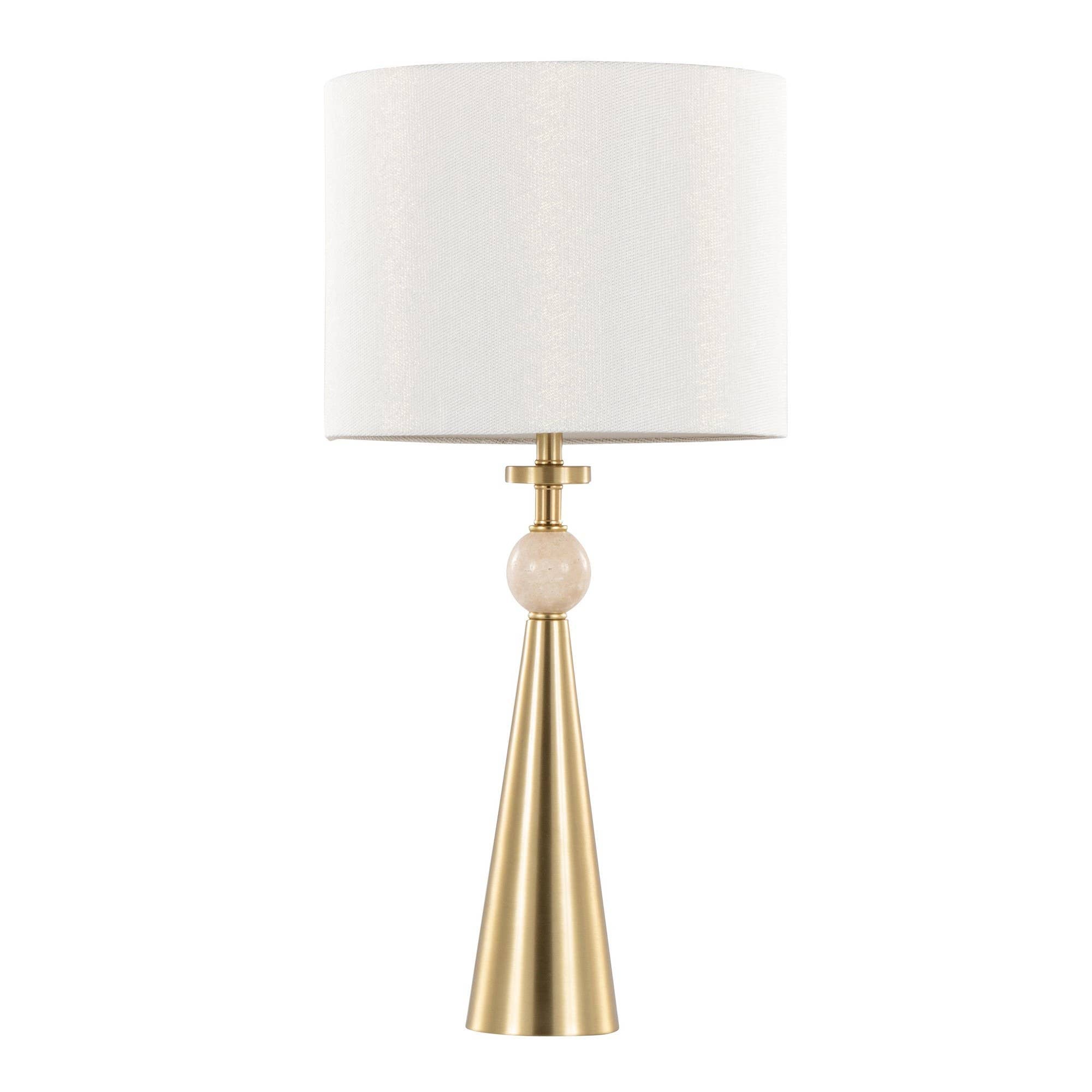 Cone Travertine 27" Table Lamp - In Gold Metal: Gold Metal, Travertine, Tan Leaf Shade