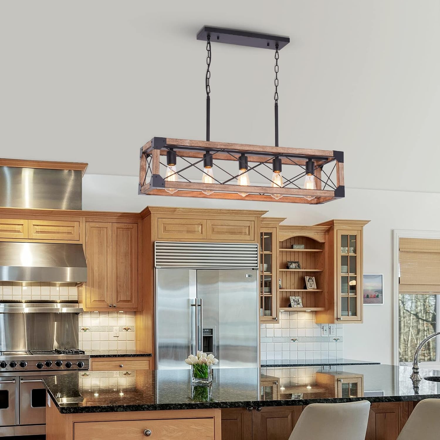 Farmhouse 5-Light Linear Chandelier with Solid Wood