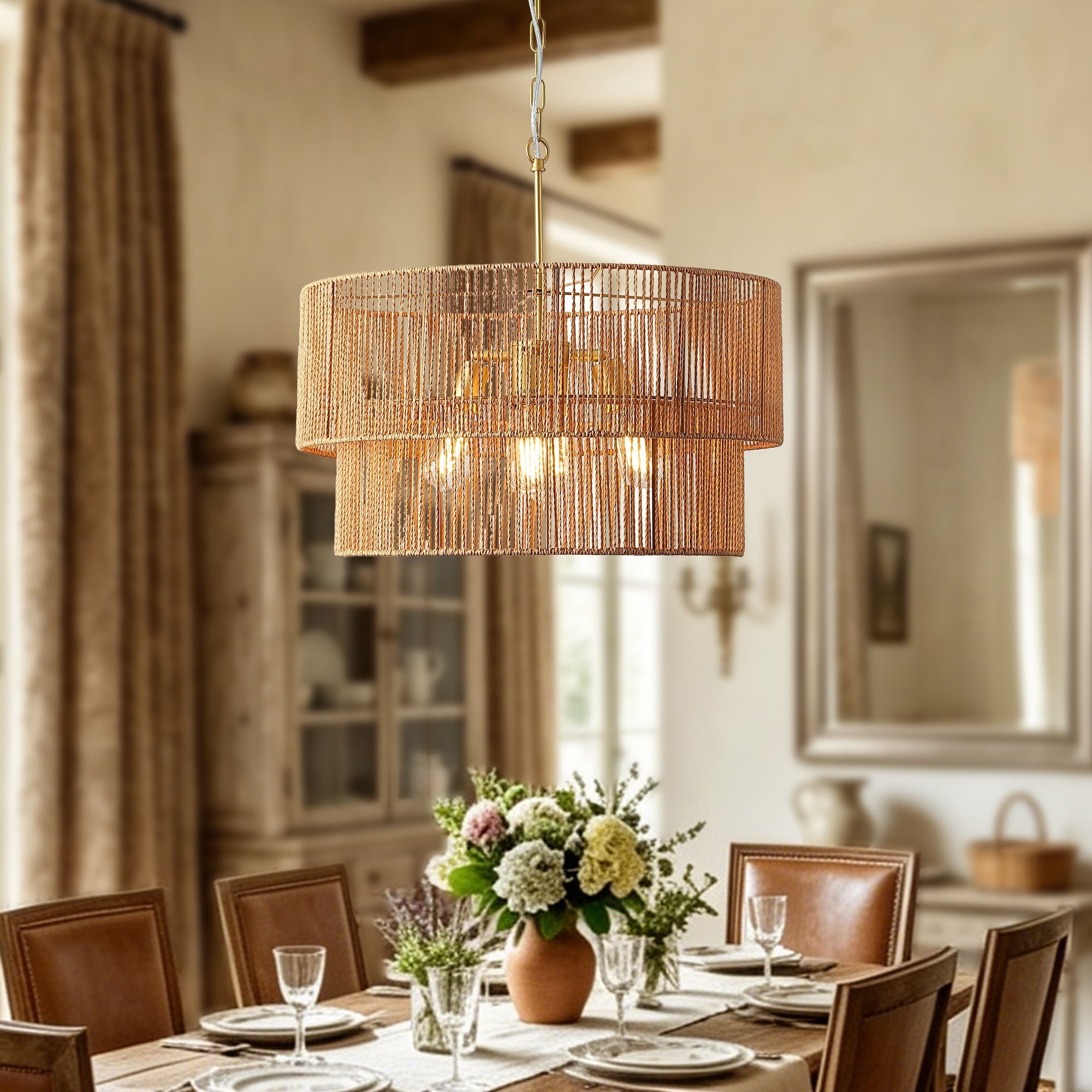 Chandelier, 2 Tier Boho Wabi Sabi Pendant Light, Hanging Ceiling Lamp - Gold