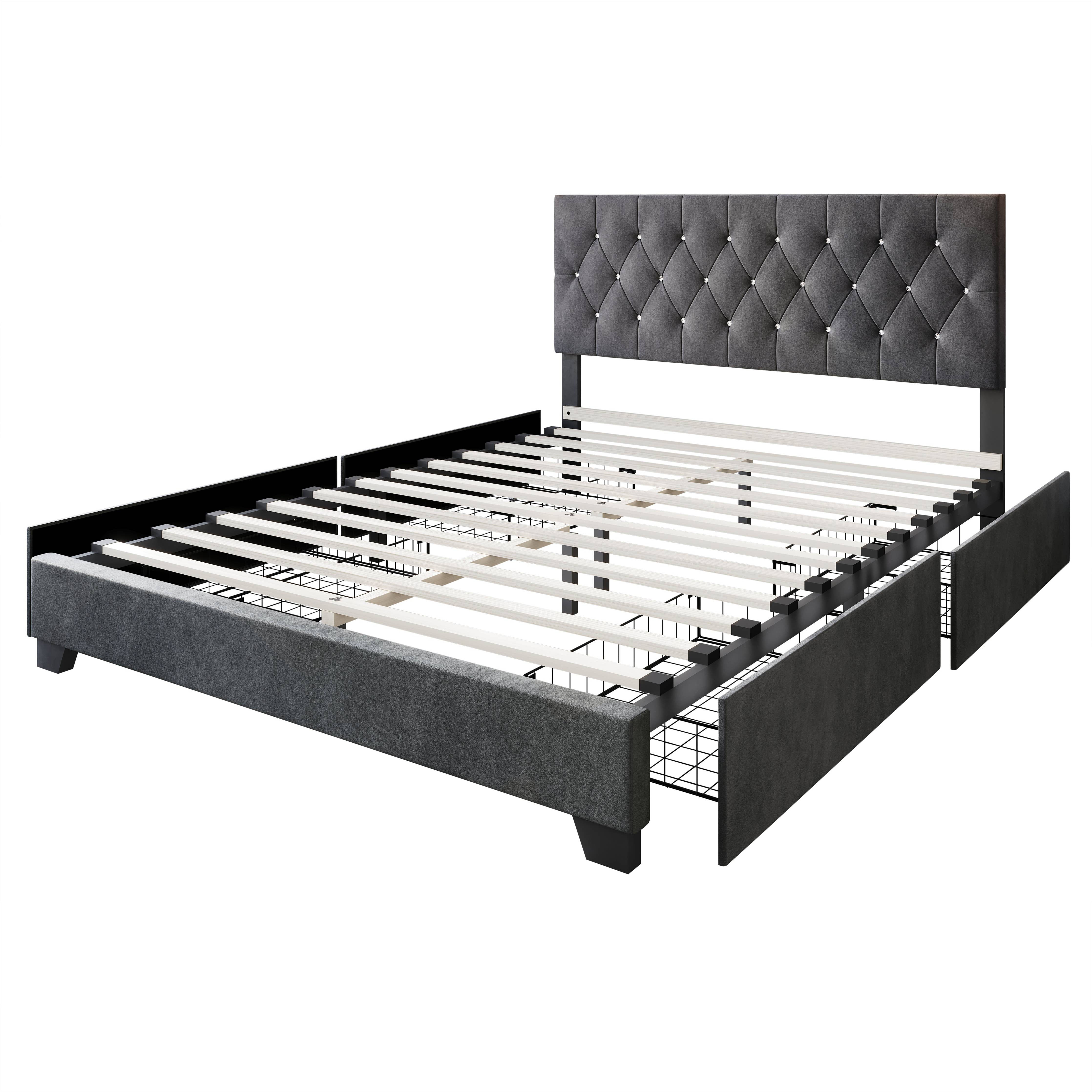 Sheffield Full Tufted Upholstered Storage Platform Bed Frame with Diamond Button-Tufted Headboard and Four Under-Drawers, Dark Gray, Easy Assembly: King / Black