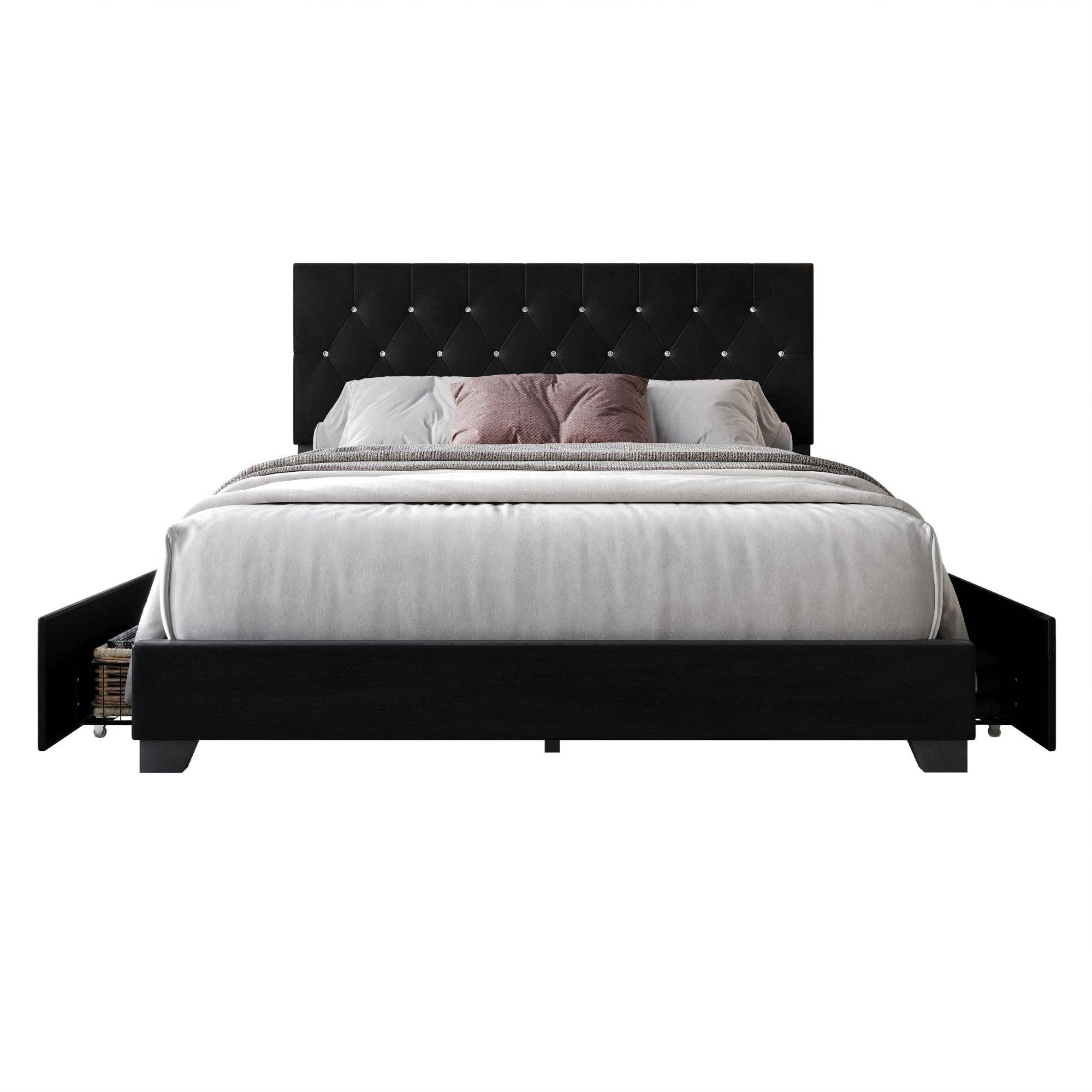 Sheffield Full Tufted Upholstered Storage Platform Bed Frame with Diamond Button-Tufted Headboard and Four Under-Drawers, Dark Gray, Easy Assembly: King / Black