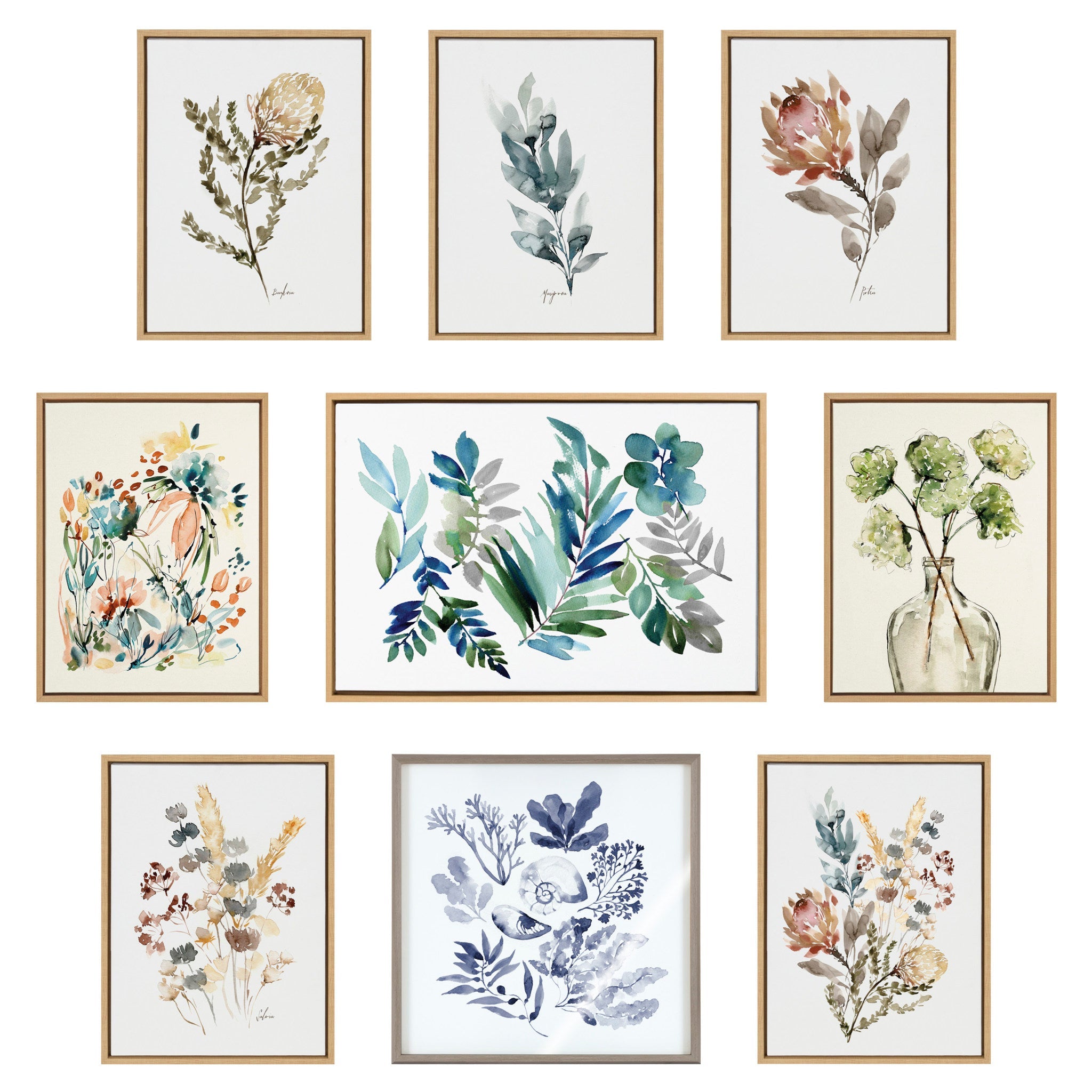 Sylvie Botanical Split Fern Indigo and Botanical Maiden Indigo Framed Canvas by Sara Berrenson