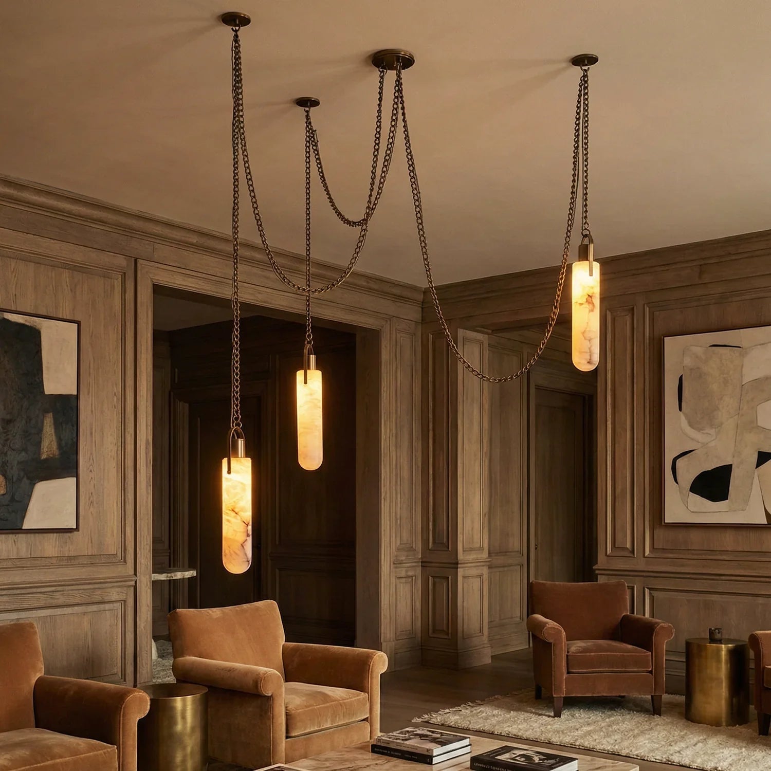 Cylindrical Alabaster Draped Chain Chandelier